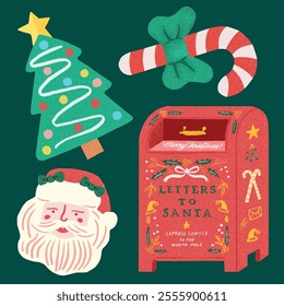 Merry Christmas With Santa Claus and Mail Box to North Pole and Candy and Christmas Tree Evergreen Hand Drawn Decorative Elements 