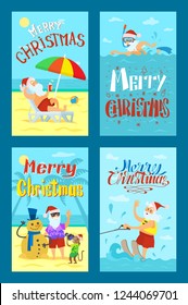 Merry Christmas, Santa Claus making photo with snowman, diving in scuba mask, riding on water skis, lying on sunbed. Saint Nicholas on summer holidays, vector