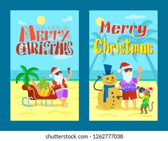 Merry Christmas, Santa Claus Making Photo, Snowman Of Sand And Selfie Near Sleigh With Grapes And Bananas. Monkey And Saint Nicholas On Summer Holidays, Vector