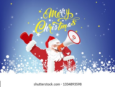 Merry Christmas. Santa Claus with megaphone on blue background. Christmas card for your design. Vector image