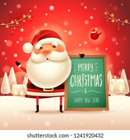 Merry Christmas! Santa Claus with message board in Christmas snow scene winter landscape.