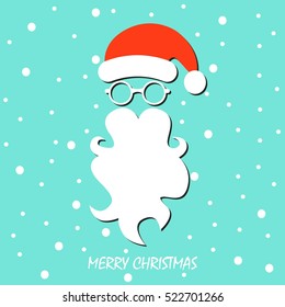 Merry Christmas. Santa Claus moustache, beard and glasses isolated on blue background