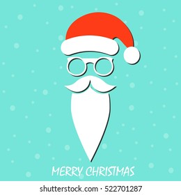 Merry Christmas. Santa Claus moustache, beard and glasses isolated on blue background