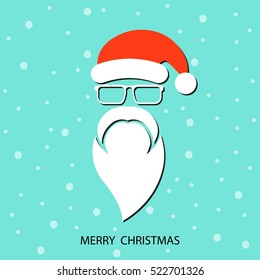 Merry Christmas. Santa Claus moustache, beard and glasses isolated on blue background
