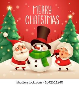 Merry Christmas! Santa Claus and Mrs Claus building snowman.Vector illustration of Christmas character on snow scene.