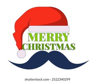 Merry Christmas Santa Claus mustache 2D illustration concept. Santaclaus dad moustache cartoon postcard isolated on white. Father funky funny Xmas Santa hat metaphor abstract flat vector graphic