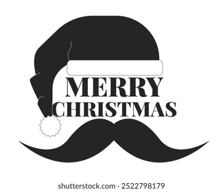 Merry Christmas Santa Claus mustache black and white 2D illustration concept. Santaclaus dad moustache outline postcard isolated. Father funky funny Xmas Santa hat metaphor monochrome vector art