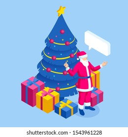 Merry Christmas Santa claus near Christmas tree with gifts. Isometric Christmas night, Santa Claus puts gifts under the tree.