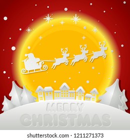 Merry Christmas. Santa Claus on night sky in city town paper art ,Paper art and digital craft style, Vector illustrator