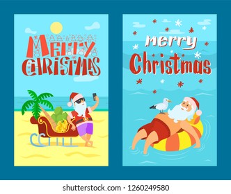 Merry Christmas, Santa Claus on lifebuoy, seagull. Vector cartoon character and sleigh full of bananas and grapes, celebrating New Year in tropical country flat style