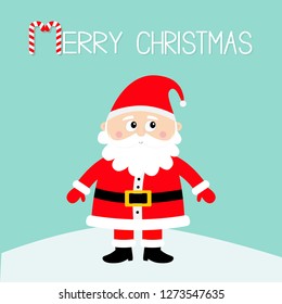 Merry Christmas. Santa Claus on snowdrift. Happy New Year. White moustaches, beard. Red hat. Cute cartoon funny kawaii baby character. Greeting card. Flat design. Blue background. Vector illustration