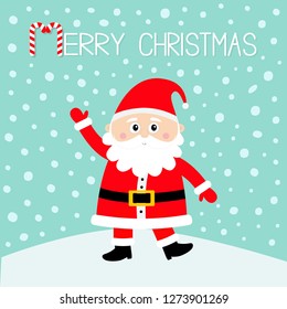 Merry Christmas. Santa Claus on snowdrift. Happy New Year. White moustaches, beard. Red hat. Cute cartoon funny kawaii baby character. Greeting card. Flat design. Blue snow background. Vector