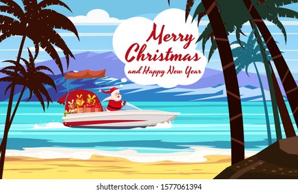 Merry Christmas Santa Claus on speed boat on ocean sea tropical island palms mountains seaside. Vector illustration isolated cartoon style