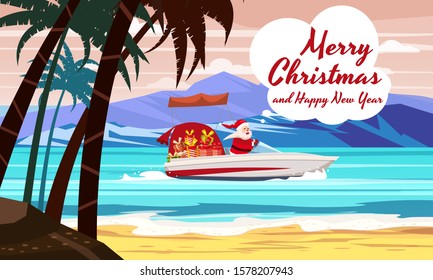 Merry Christmas Santa Claus on speed boat on ocean sea tropical island palms mountains seaside. Vector illustration isolated cartoon style