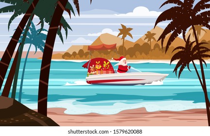 Merry Christmas Santa Claus on speed boat on ocean sea tropical island palms mountains seaside. Vector illustration isolated cartoon style