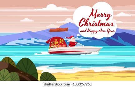 Merry Christmas Santa Claus on speed boat on ocean sea tropical island mountains seaside. Vector illustration isolated cartoon style