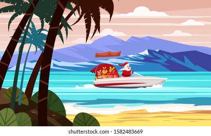 Merry Christmas Santa Claus on speed boat on ocean sea tropical island palms mountains seaside. Vector illustration isolated cartoon style