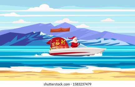 Merry Christmas Santa Claus on speed boat on ocean sea tropical island mountains seaside. Vector illustration isolated cartoon style