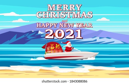 Merry Christmas Santa Claus on speed boat on ocean sea tropical island palms mountains seaside delivering shipping gifts