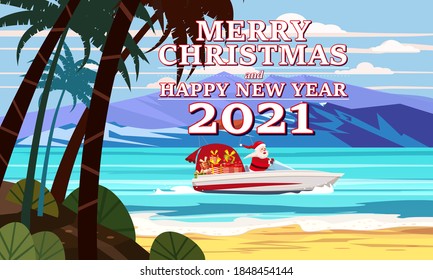 Merry Christmas Santa Claus on speed boat on ocean sea tropical island palms mountains seaside delivering shipping gifts