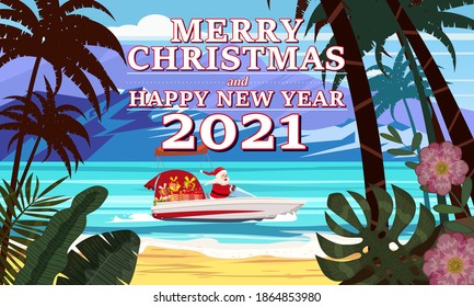 Merry Christmas Santa Claus on speed boat on ocean sea tropical island palms mountains seaside delivering shipping gifts