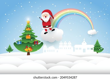 merry christmas,  santa claus on the clouds, Happy new year , paper art style.