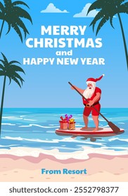 Merry Christmas Santa Claus on paddle board with gifts on the resort tropical