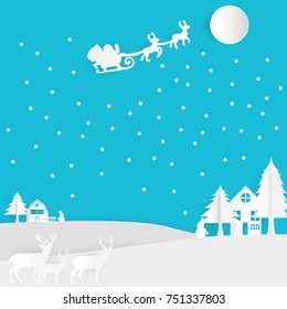 Merry Christmas of Santa Claus on the sky with snowman on the street, paper art vector and illustration.