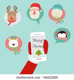 Merry christmas santa claus on mobile phone social network  vector. illustration EPS10.