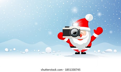 Merry christmas Santa Claus Photographer on snow and iceberg blue background. Eps 10 vector illustration