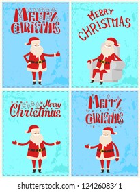 Merry Christmas Santa Claus postcard with lettering greetings and Santa Claus. Xmas cartoon character in armchair, wide open hands, wishing happy holidays