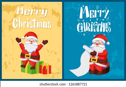 Merry Christmas, Santa Claus reading wish list, send greetings to kids sitting on Xmas packages with presents. Saint Nicholas and surprises for children