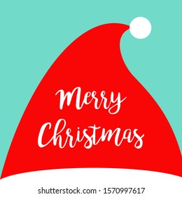 Merry Christmas. Santa Claus red hat. Costume element. Cute cartoon kawaii funny baby character. New Year. Greeting card. Blue background. Vector illustration