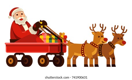 merry christmas! Santa Claus with red nose reindeer riding red wagon cart vector illustration