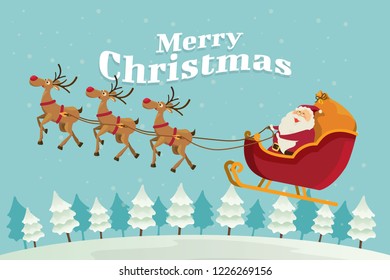 Merry Christmas, Santa claus with reindeer fly on tree background. illustration vecto