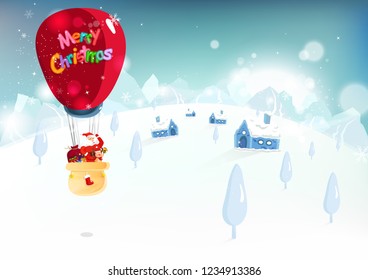 Merry Christmas, Santa Claus and reindeer traveling by big balloon, cute cartoon character fantasy, winter snow falling sparkle, mountains landscape background holiday vector illustration