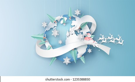Merry Christmas, Santa Claus and reindeer deliver gifts around the world in Christmas. paper cut and craft design. vector, illustration.
