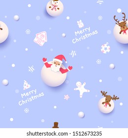 Merry Christmas with santa claus, reindeer, snowman on snow background design to seamless pattern.