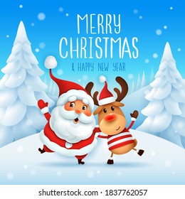 Merry Christmas! Santa Claus and Reindeer arm over shoulder. Vector illustration of Christmas character on snow scene.