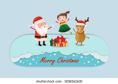 Merry christmas, Santa claus, reindeer and children having fun with gifts