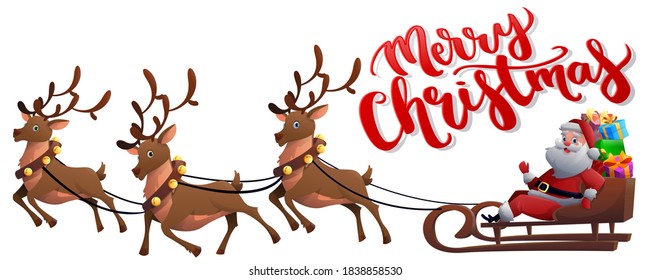 Merry Christmas Santa Claus with reindeer.  Winter holiday, Christmas and Santa Claus flies in a sleigh with gifts. Christmas night, santa want to send a gift to people. Vector illustration 