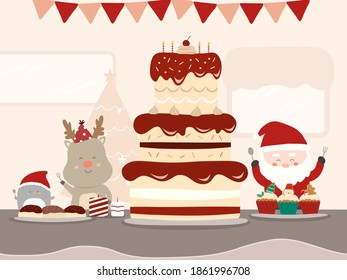 Merry Christmas with Santa Claus and Reindeer decorating the presents on the Christmas tree.