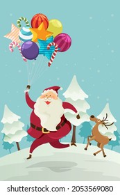 Merry Christmas, Santa claus with reindeer and balloon colorful. character cartoon. illustration vector.