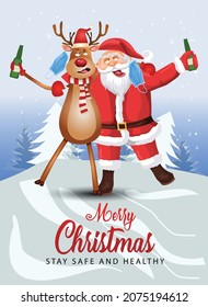 merry christmas. santa claus and reindeer drinking beer with removed masks hanging from their ears. covid-19, coronavirus concept. vector illustration design