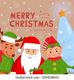 Merry Christmas! Santa Claus, reindeer and elf on winter background vector illustration. Cute cartoon funny characters. Greeting card, poster, banner printing. Flat design.