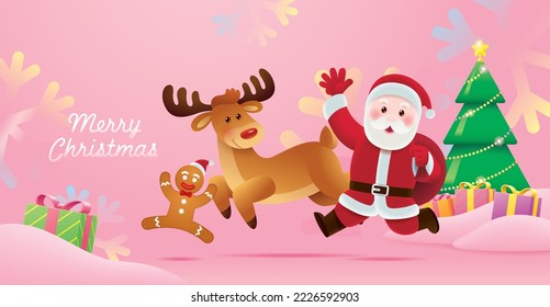 Merry Christmas Santa Claus Reindeer and Gingerbread Man Run Happily Decorated with Christmas Tree and Colorful Snowflakes