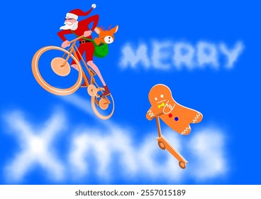 MERRY CHRISTMAS  SANTA CLAUS WITH REINDEER AND GINGERBREAD MAN JUMPED UP FROM CLOULDS HAPPY HOLIDAY