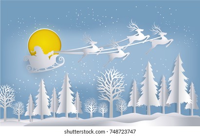 Merry Christmas of Santa Claus and reindeer flying over the Winter Christmas Night background, paper art vector and illustration.