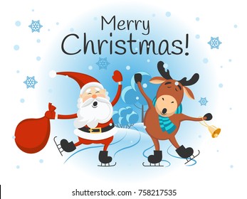 Merry Christmas! Santa Claus and Reindeer. Winter landscape. Vector illustration.