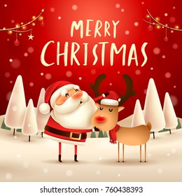 Merry Christmas! Santa Claus and Reindeer in Christmas snow scene. Winter landscape.